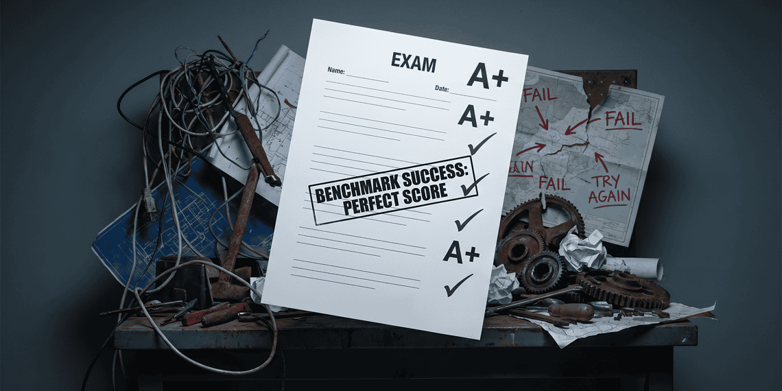 - VeyrZest.com Messy workshop desk with tangled wires and gears, overlaid by an exam sheet showing A+ scores and a 'Benchmark Success: Perfect Score' stamp.