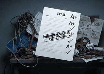 - VeyrZest.com Messy workshop desk with tangled wires and gears, overlaid by an exam sheet showing A+ scores and a 'Benchmark Success: Perfect Score' stamp.
