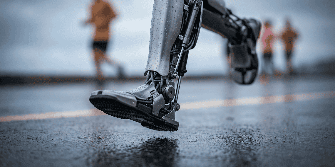 - VeyrZest.com Close-up of a wet robotic leg foot on the ground with blurred people in the background, suggesting a prosthetic or exoskeleton in use.