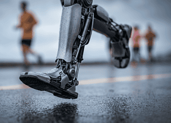 Close-up of a wet robotic leg foot on the ground with blurred people in the background, suggesting a prosthetic or exoskeleton in use.
