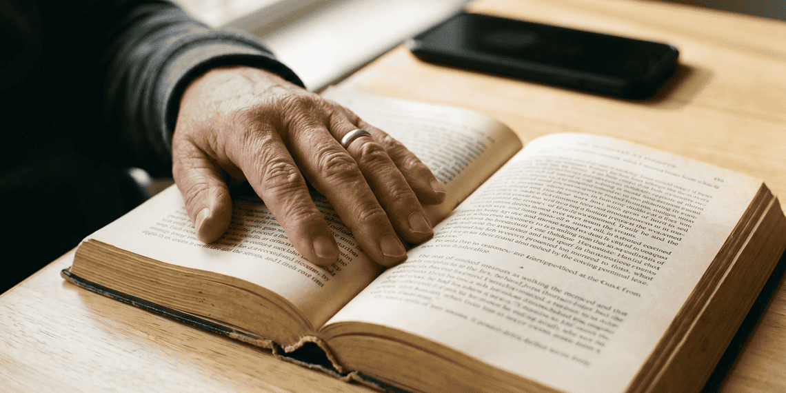 A_close-up_photograph_of_a_per_Nano_Banana_Pro_63984 (1) - VeyrZest.com Close-up of a hand with a ring turning the pages of an open, old book on a wooden table, with a smartphone in the background.