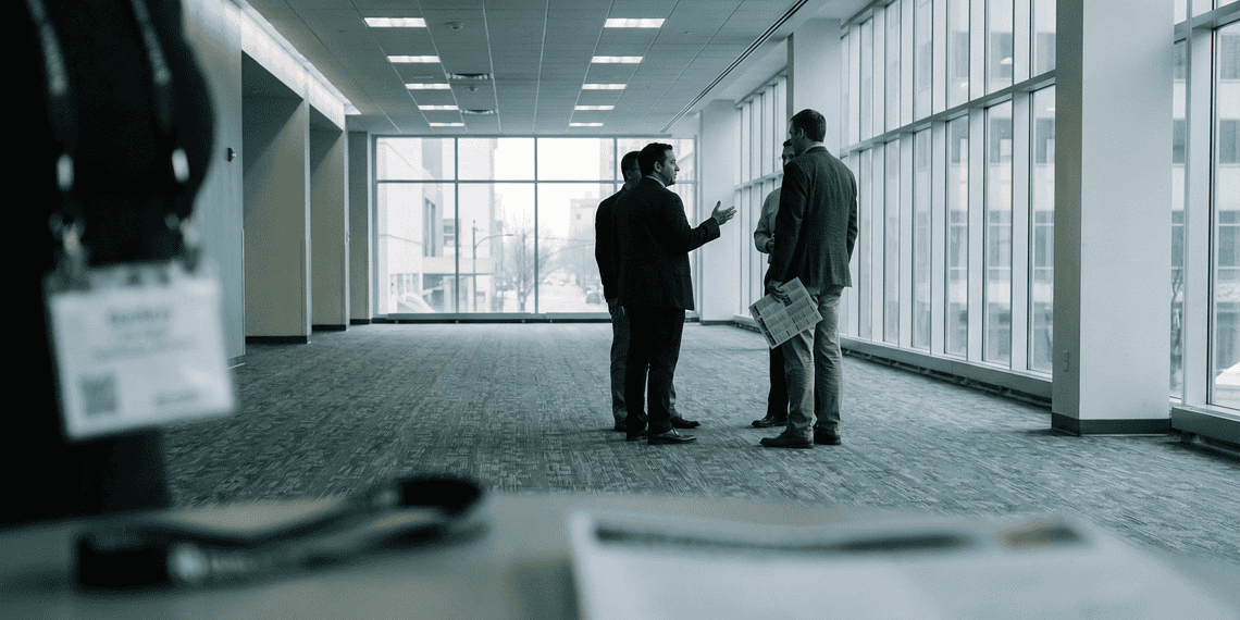 A_conference_corridor_or_hallw_Nano_Banana_Pro_75690 (1) - VeyrZest.com Group of business professionals conversing in a bright office hallway, one gesturing as they talk, with a blurred desk and badge in the foreground.