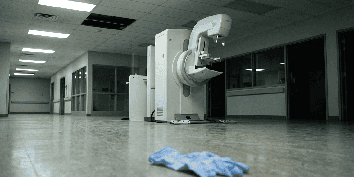 MRI scanner in a quiet hospital hallway, with blue scrubs lying on the floor in the foreground.