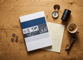 Overhead view of a wooden desk with a report, graph paper, compass, coins, a coffee mug, and reading glasses on the table.