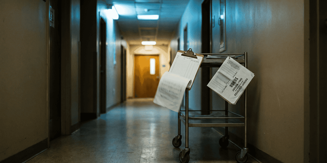 - VeyrZest.com Dim hospital hallway with blue-tinted lighting and a metal cart holding papers and clipboards in the foreground
