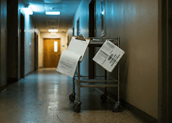 - VeyrZest.com Dim hospital hallway with blue-tinted lighting and a metal cart holding papers and clipboards in the foreground
