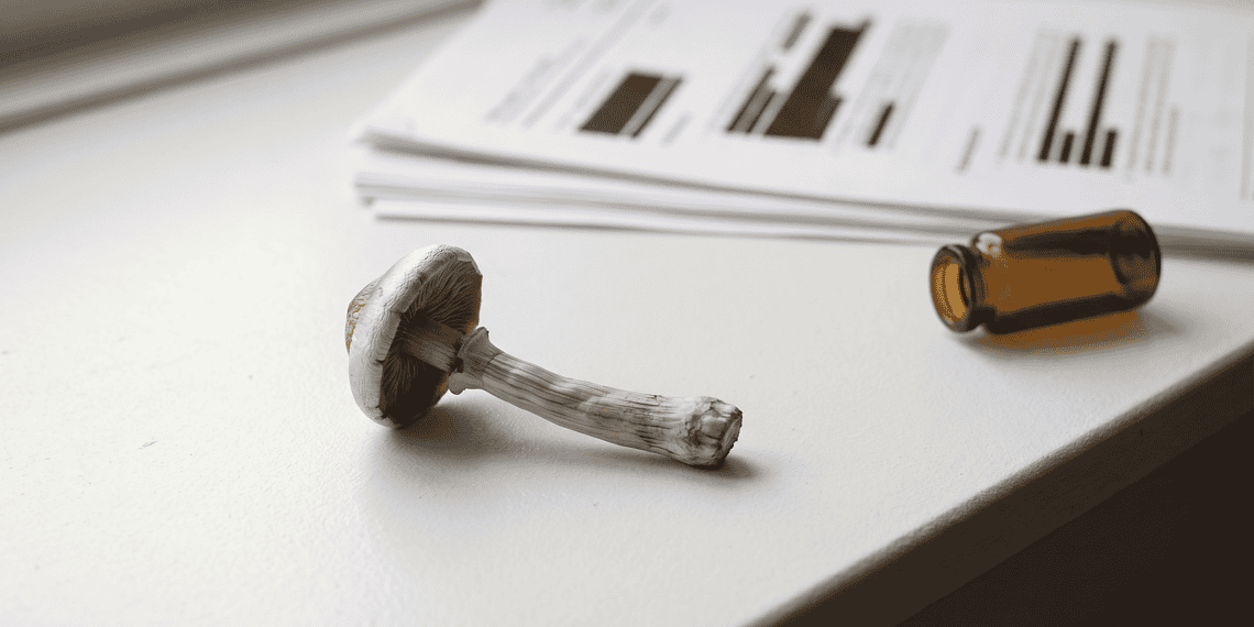 Mushroom on a white desk beside a brown glass bottle and stacked papers with bar charts, foreground-focused.