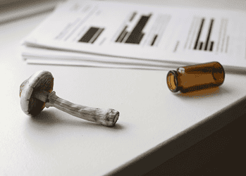 Mushroom on a white desk beside a brown glass bottle and stacked papers with bar charts, foreground-focused.