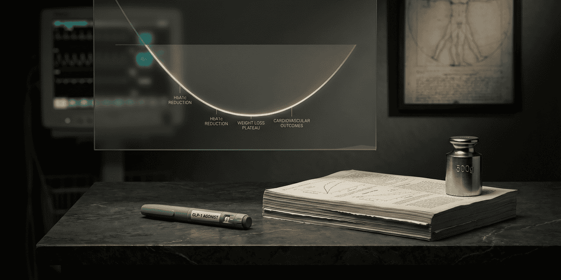 - VeyrZest.com Glass holographic chart shows HbA1c reduction and weight-loss trajectory above a lab bench, conveying medical progress concepts (informative).