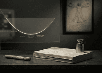 - VeyrZest.com Glass holographic chart shows HbA1c reduction and weight-loss trajectory above a lab bench, conveying medical progress concepts (informative).