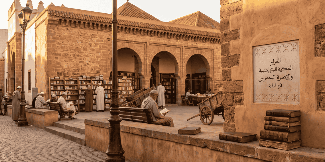 - VeyrZest.com Old stone courtyard with arches, bookshelves, and men reading outdoors at a historic library market during sunset.