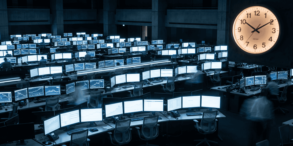 - VeyrZest.com Trading floor with rows of monitors showing stock charts and graphs; a large clock on the wall.
