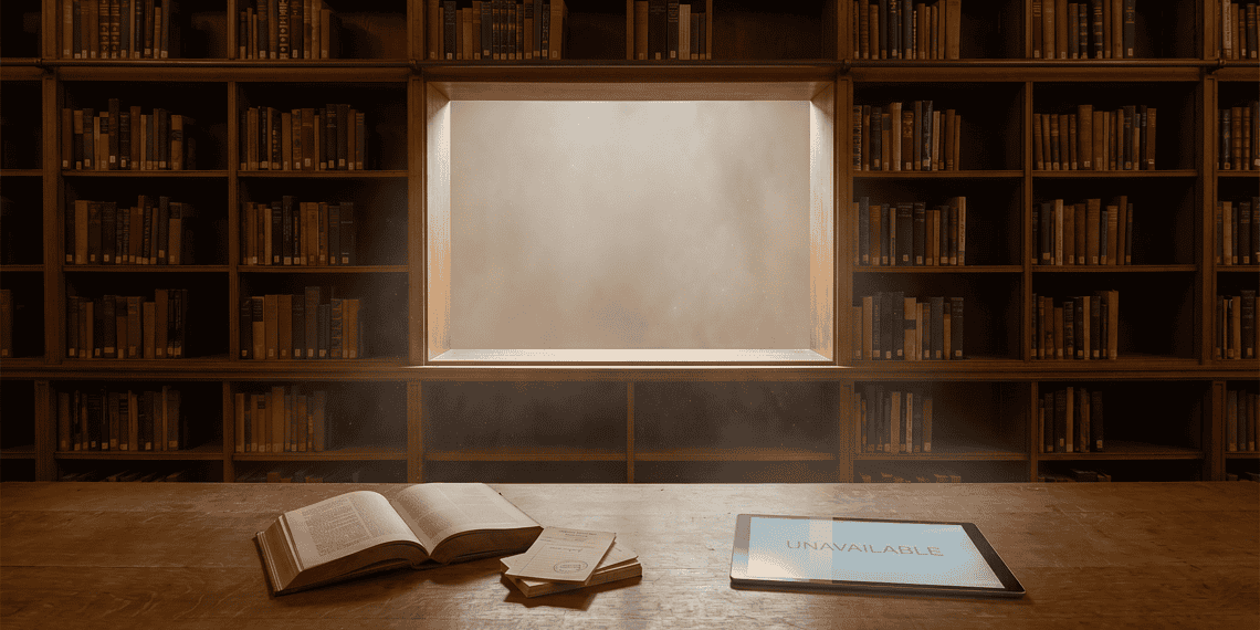 A_visually_arresting_library_i_Nano_Banana_Pro_74714 1 - VeyrZest.com Library study scene with wooden shelves, an open book and a tablet showing UNAVAILABLE on the desk