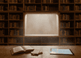 Library study scene with wooden shelves, an open book and a tablet showing UNAVAILABLE on the desk