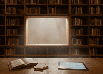 Library study scene with wooden shelves, an open book and a tablet showing UNAVAILABLE on the desk