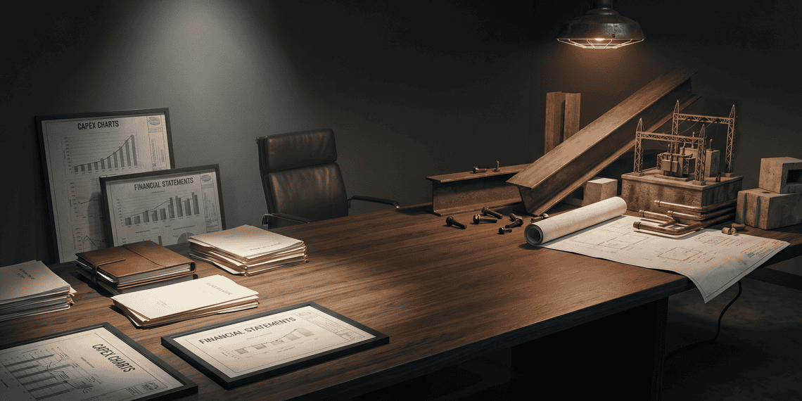 - VeyrZest.com Dimly lit engineering desk with rolled blueprints, financial reports, and a model substation under a hanging lamp on the right.