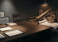 Dimly lit engineering desk with rolled blueprints, financial reports, and a model substation under a hanging lamp on the right.