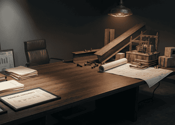 Dimly lit engineering desk with rolled blueprints, financial reports, and a model substation under a hanging lamp on the right.