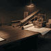 - VeyrZest.com Dimly lit engineering desk with rolled blueprints, financial reports, and a model substation under a hanging lamp on the right.