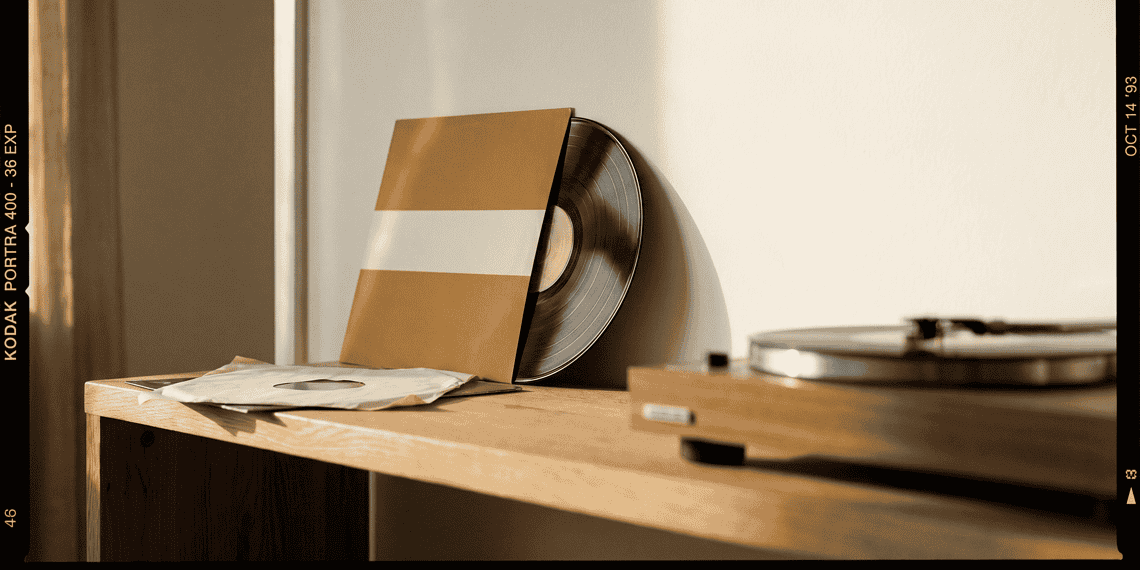 - VeyrZest.com Vinyl records leaning against a wall with a turntable on a wooden shelf, in warm light