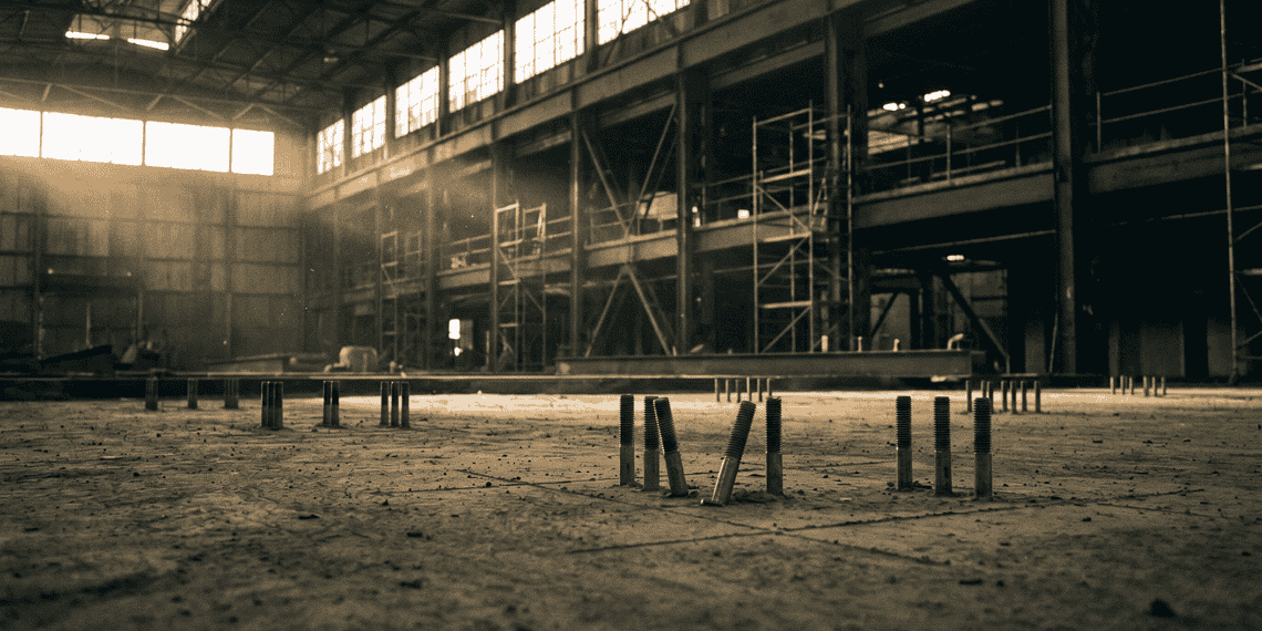- VeyrZest.com Industrial warehouse interior with scaffolding and metal framework, sepia-toned light streaming through high windows; foreground shows vertical pipes sticking from the dusty floor.