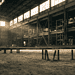 - VeyrZest.com Industrial warehouse interior with scaffolding and metal framework, sepia-toned light streaming through high windows; foreground shows vertical pipes sticking from the dusty floor.