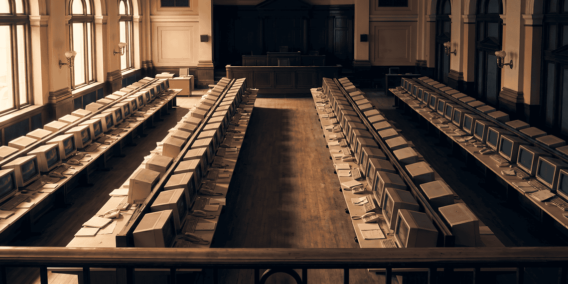 - VeyrZest.com Historic computer lab with rows of beige CRT monitors and keyboards in a grand arched-room setting