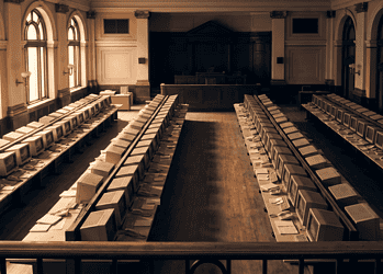 Historic computer lab with rows of beige CRT monitors and keyboards in a grand arched-room setting