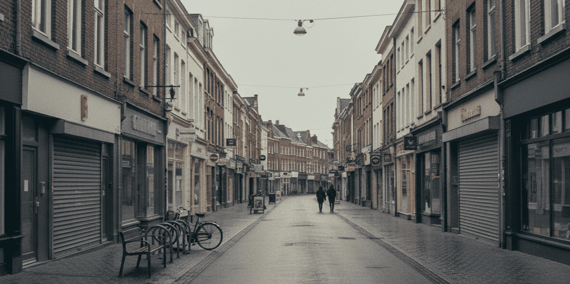 IMAGE_PROMPT_Wide-angle_photog_Nano_Banana_79562 - VeyrZest.com Quiet, wet street in a European town with closed shopfronts, benches and bicycles on the left, two people walking in the distance.