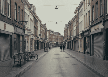 Quiet, wet street in a European town with closed shopfronts, benches and bicycles on the left, two people walking in the distance.