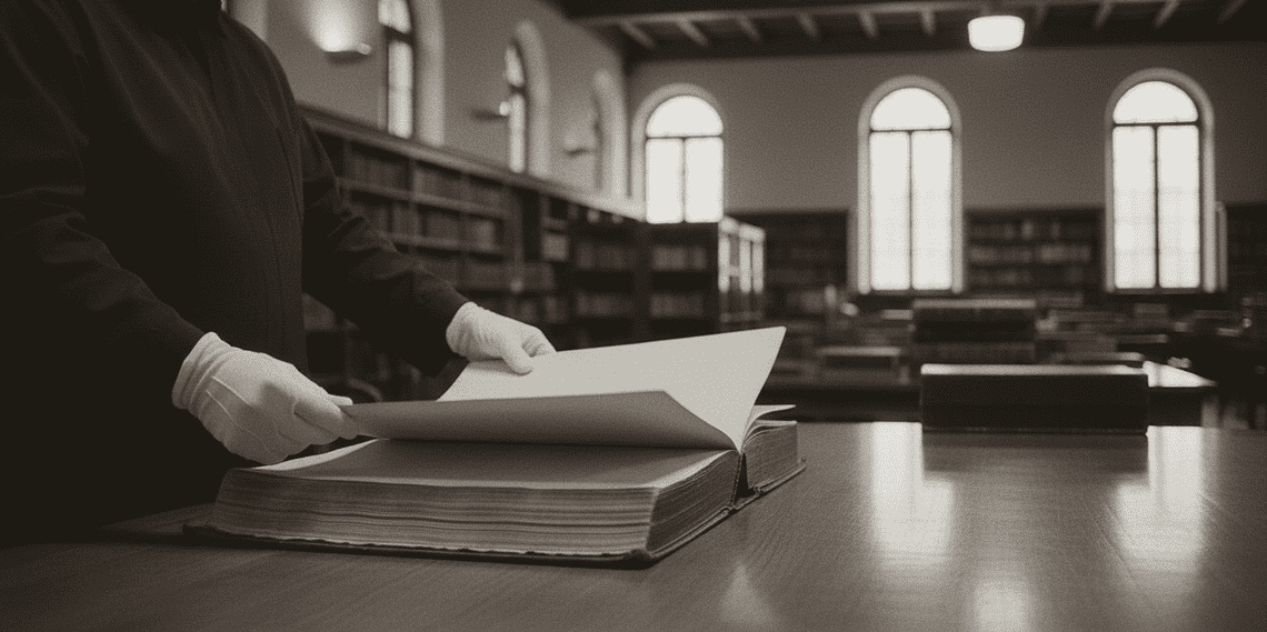Need_a_picture_of_a_IMAGE_PROM_Nano_Banana_79469 - VeyrZest.com Person in scholarly robe with white gloves turning pages of a thick bound book in a library.
