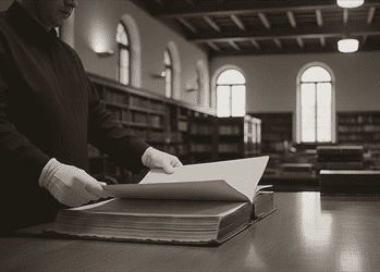 Person in scholarly robe with white gloves turning pages of a thick bound book in a library.