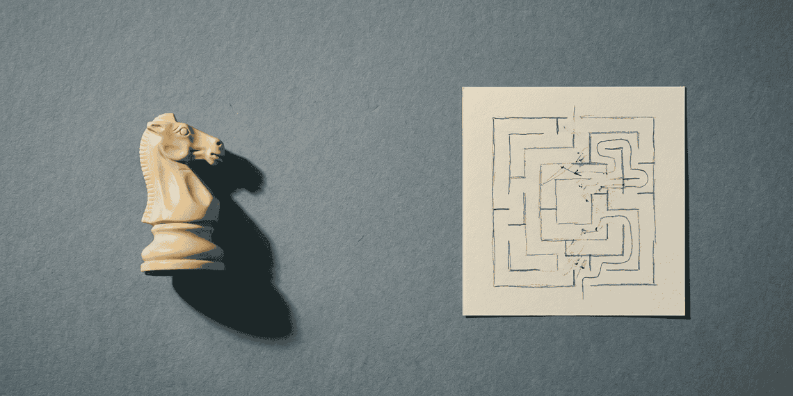 - VeyrZest.com Beige chess knight model on the left casting a shadow, next to a beige notebook page with a black hand-drawn maze against a blue textured background.
