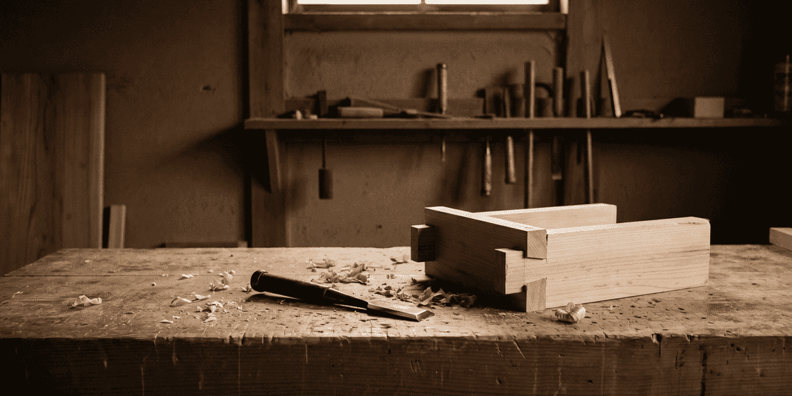 - VeyrZest.com Woodworking bench with chisels and mallet, wood shavings scattered on the table, a window in the background.