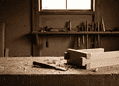 Woodworking bench with chisels and mallet, wood shavings scattered on the table, a window in the background.
