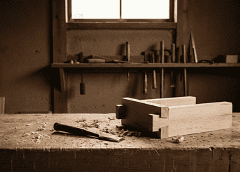 Woodworking bench with chisels and mallet, wood shavings scattered on the table, a window in the background.