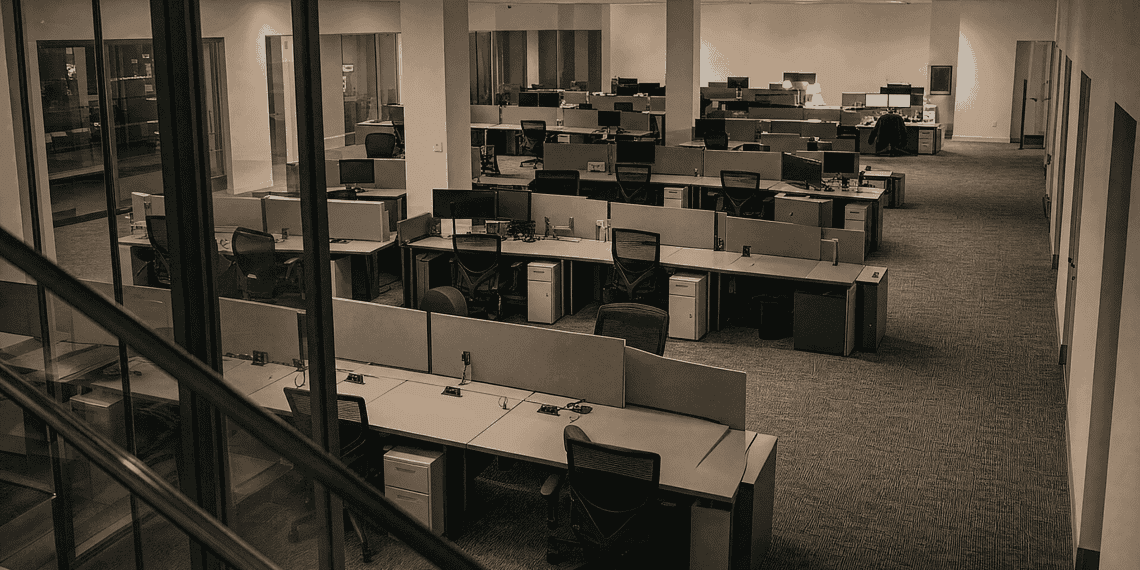 - VeyrZest.com Open-plan office with rows of cubicles and desks, several chairs, and glass barriers in the foreground; no people present.