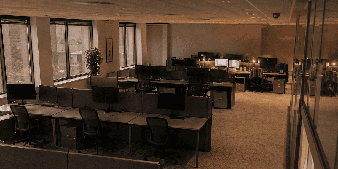 - VeyrZest.com Open-plan office with rows of desks, computer monitors, and cubicle partitions under warm overhead lighting.