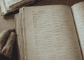 Open antique dictionary with Arabic entries, held by a left hand.