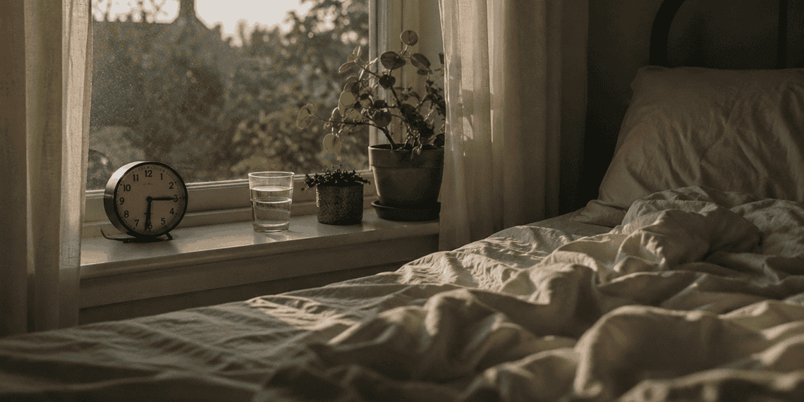 - VeyrZest.com Sunlit bedroom window with a clock, a glass of water, and potted plants on the sill; rumpled sheets in the foreground and a soft outdoor view of trees.
