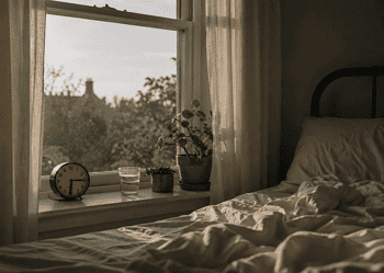 Sunlit bedroom window with a clock, a glass of water, and potted plants on the sill; rumpled sheets in the foreground and a soft outdoor view of trees.