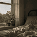 Sunlit bedroom window with a clock, a glass of water, and potted plants on the sill; rumpled sheets in the foreground and a soft outdoor view of trees.