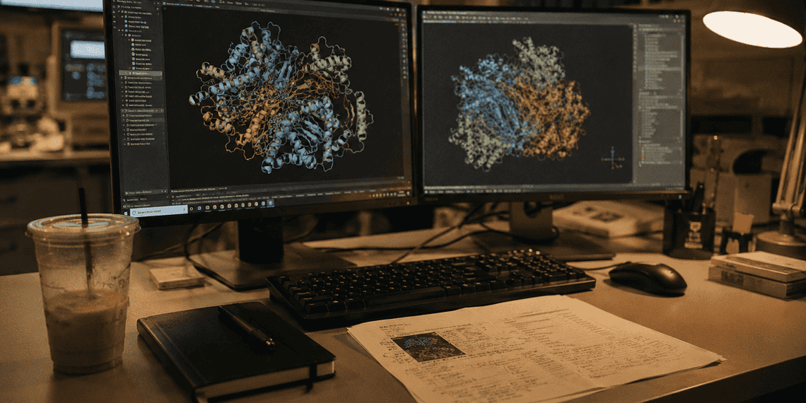 - VeyrZest.com Two monitors on a desk display colorful 3D protein structures; a coffee cup and notes are nearby.