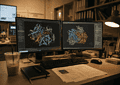 Two monitors on a desk display colorful 3D protein structures; a coffee cup and notes are nearby.
