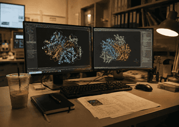 - VeyrZest.com Two monitors on a desk display colorful 3D protein structures; a coffee cup and notes are nearby.