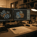 - VeyrZest.com Two monitors on a desk display colorful 3D protein structures; a coffee cup and notes are nearby.