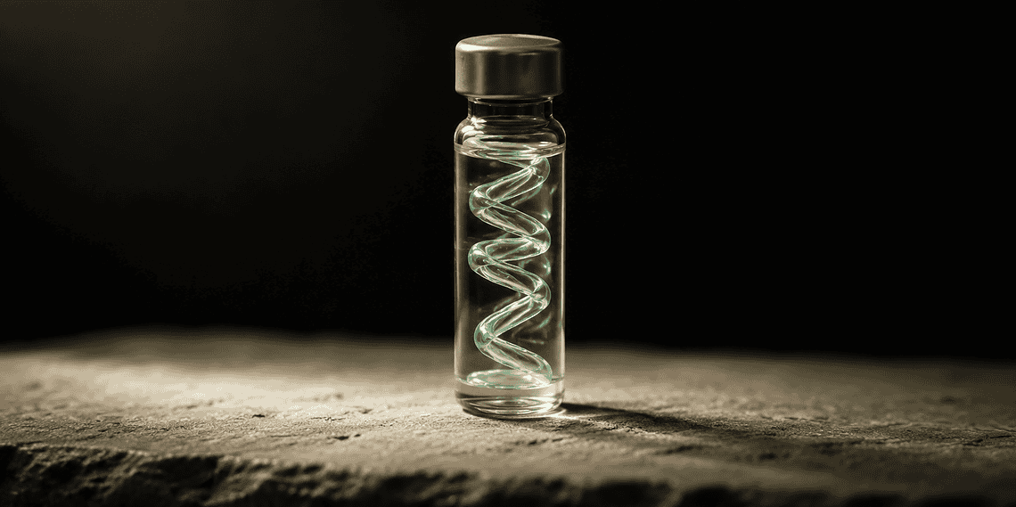 - VeyrZest.com Glass vial with a glowing green spiral coil inside, set on a rough surface against a dark background while lit from the side.
