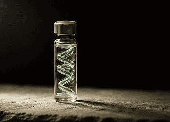 - VeyrZest.com Glass vial with a glowing green spiral coil inside, set on a rough surface against a dark background while lit from the side.