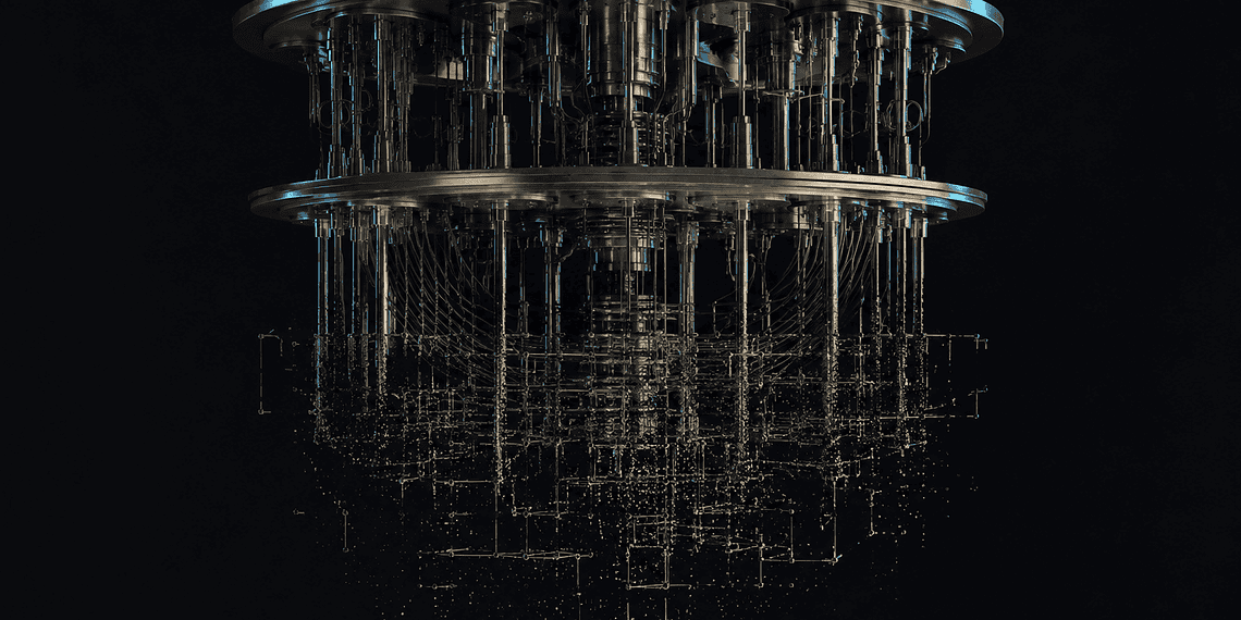 Upside-down metallic, multi-ring machine with numerous cables and tubes hanging from circular frames against a dark background.