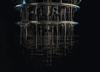 - VeyrZest.com Upside-down metallic, multi-ring machine with numerous cables and tubes hanging from circular frames against a dark background.